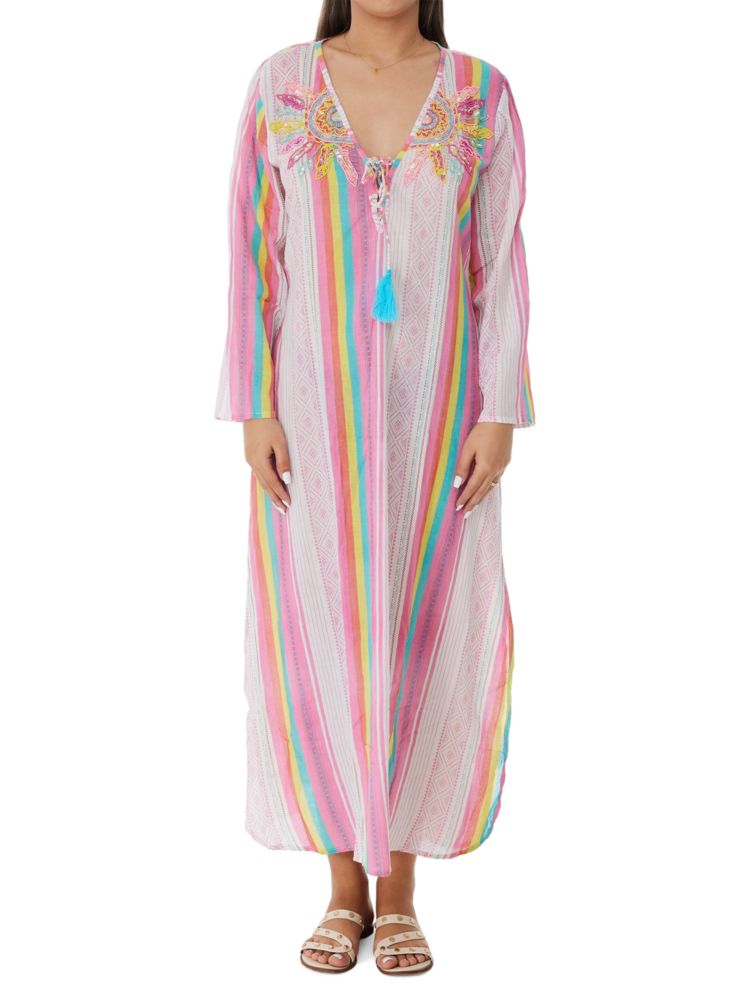 Ranee'S Beaded Striped Maxi Beach Dress, Pink