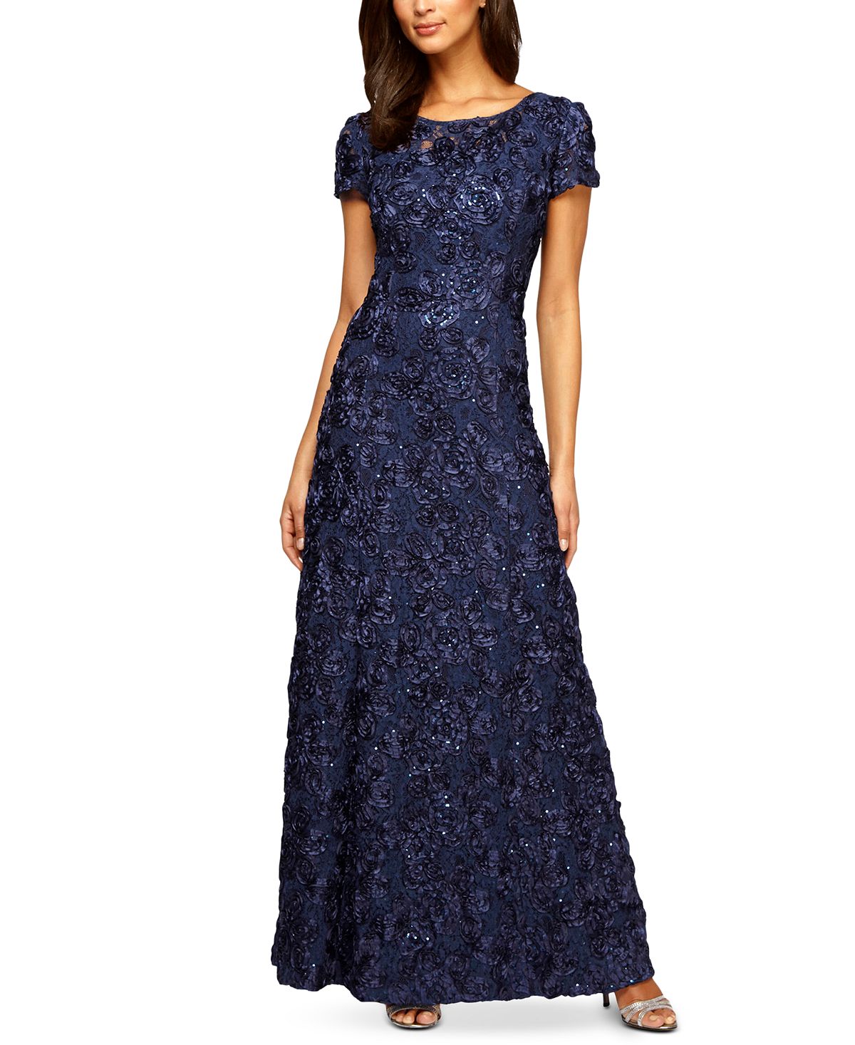 Alex Evenings A-Line Rosette Dress, Navy