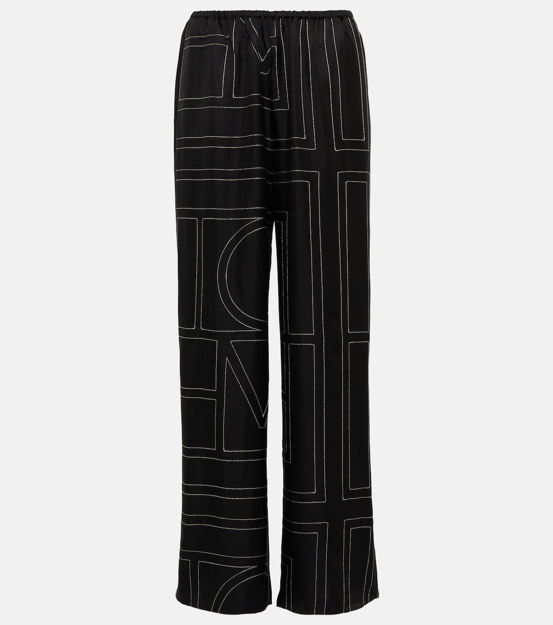 Wide-leg silk trousers with TOTEME logo, black