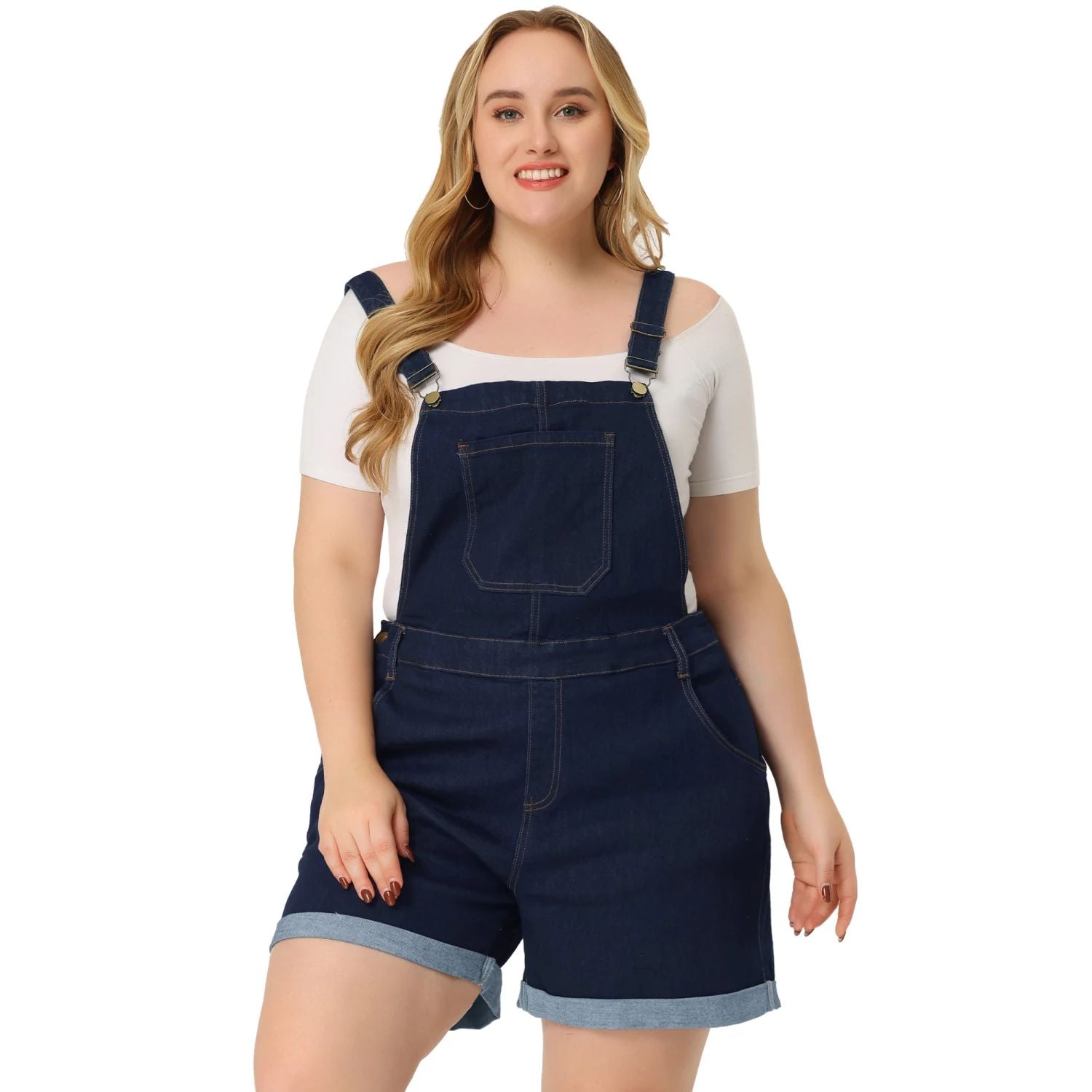 Women's plus size jumpsuit denim overalls with pockets and rounded edges, Agnes Orinda shorts, black