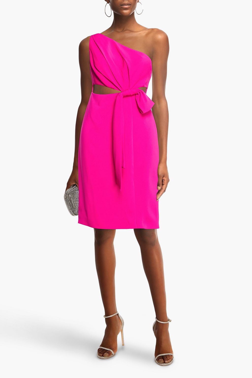 One-shoulder crepe dress with bow and neckline ML MONIQUE LHUILLIER, pink