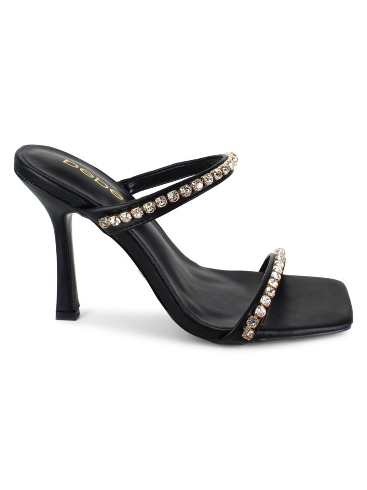 Bebe Double Strap Rhinestone Heeled Sandals, Black