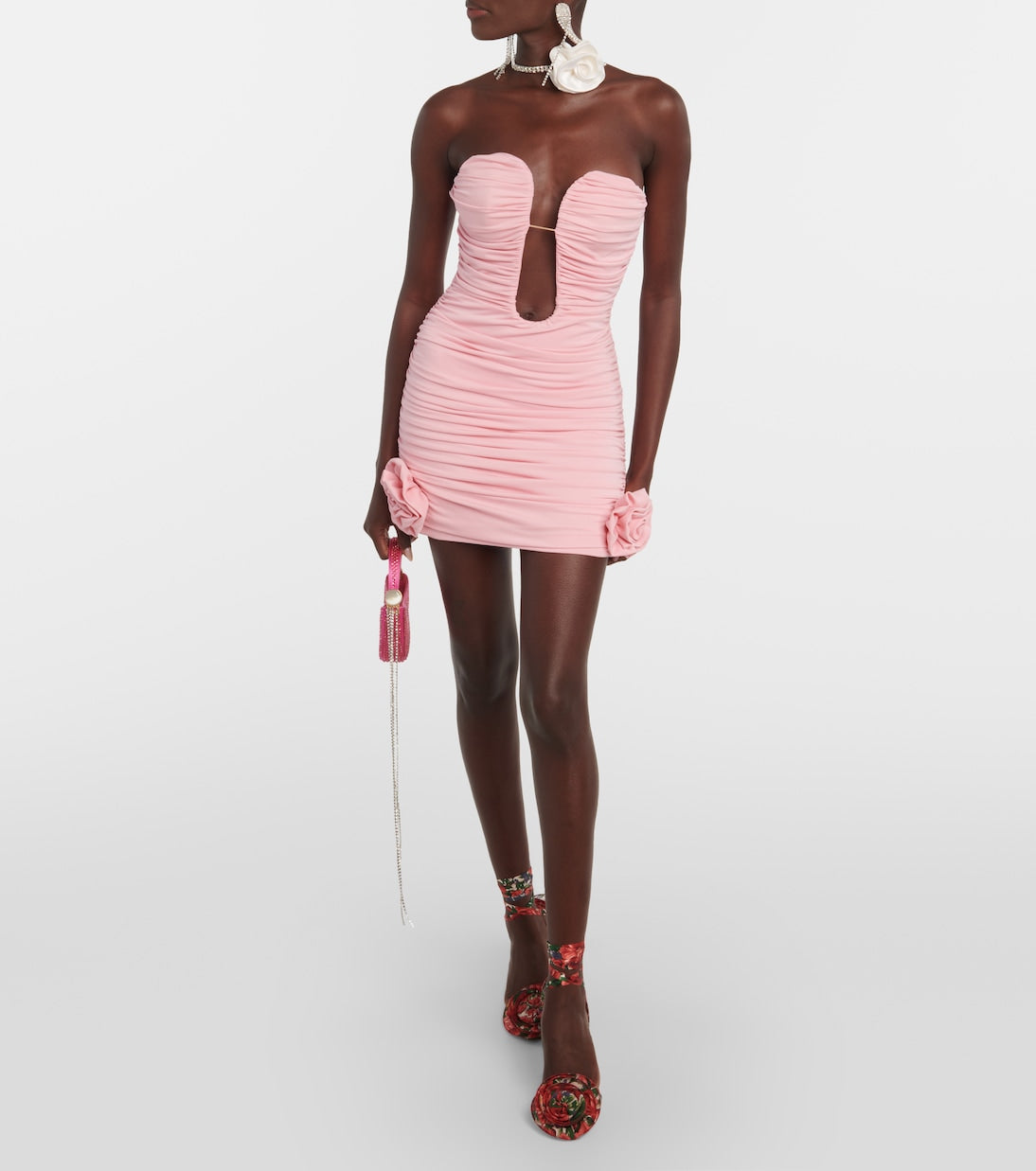 Magda Butrym ruched mini dress with floral appliqué, pink