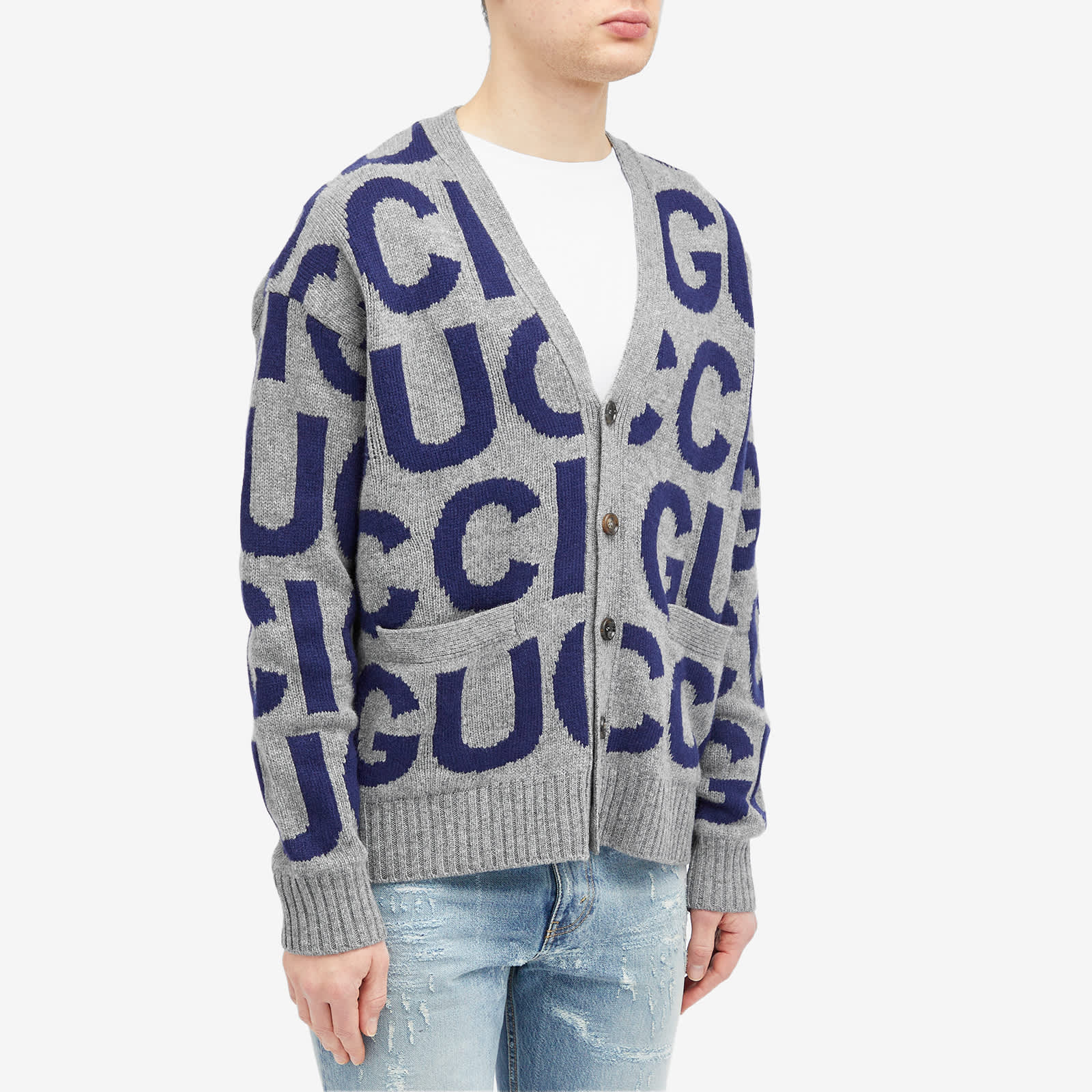 Gucci Intarsia Logo Knit Cardigan, Gray & Blue