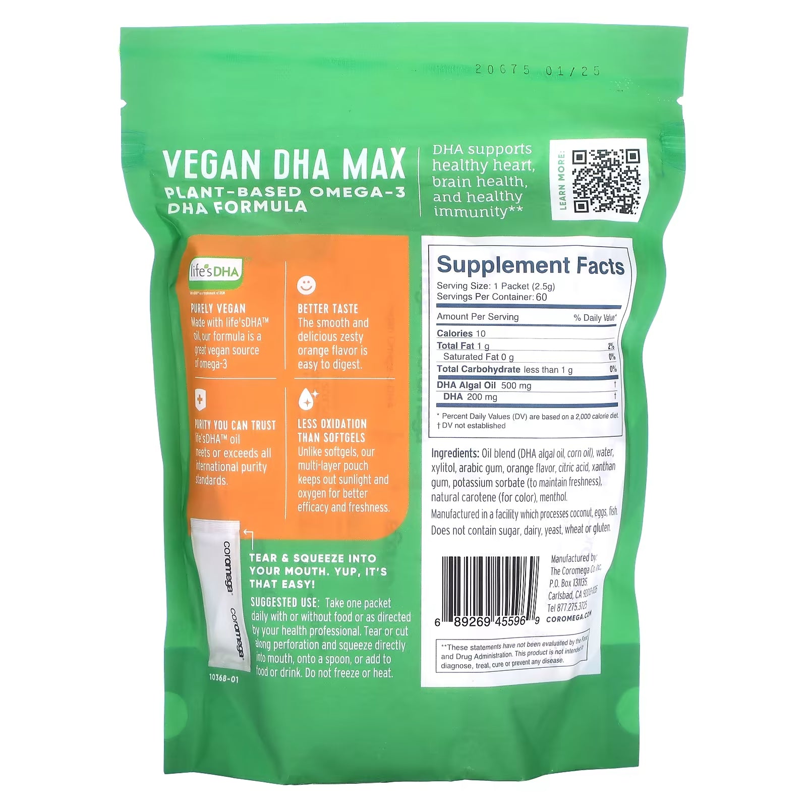 Coromega Vegan DHA Max Dietary Supplement, Orange, 60 individual sachets, 2.5 g each