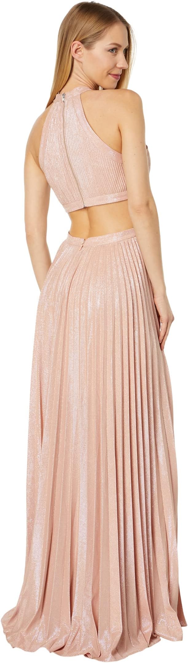 Pleated Crossover Metallic Evening Dress BCBGMAXAZRIA , color Bare Pink