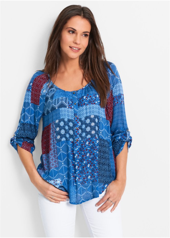 Crinkle tunic blouse with long sleeves Bpc Bonprix Collection, blue