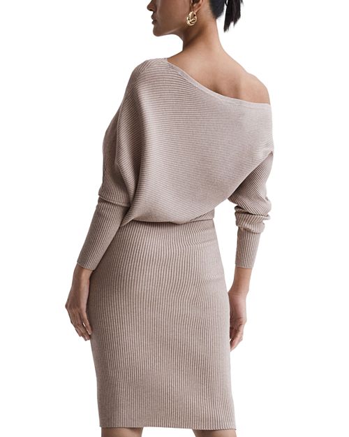 Lara Knitted Bodycon Dress with REISS Draping, Tan/Beige