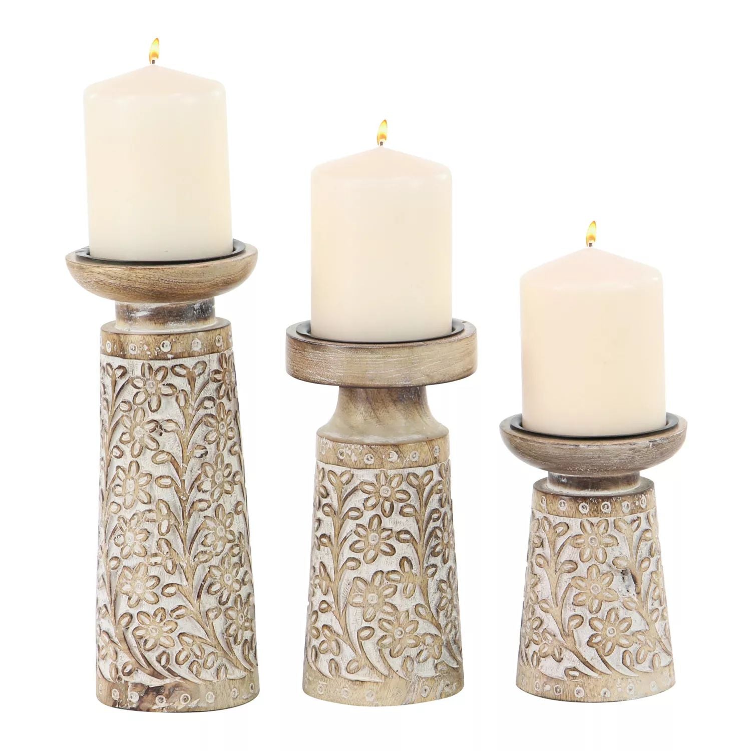 Stella & Eve carved mango, wood and iron floral candle holders 3 items.  Kit