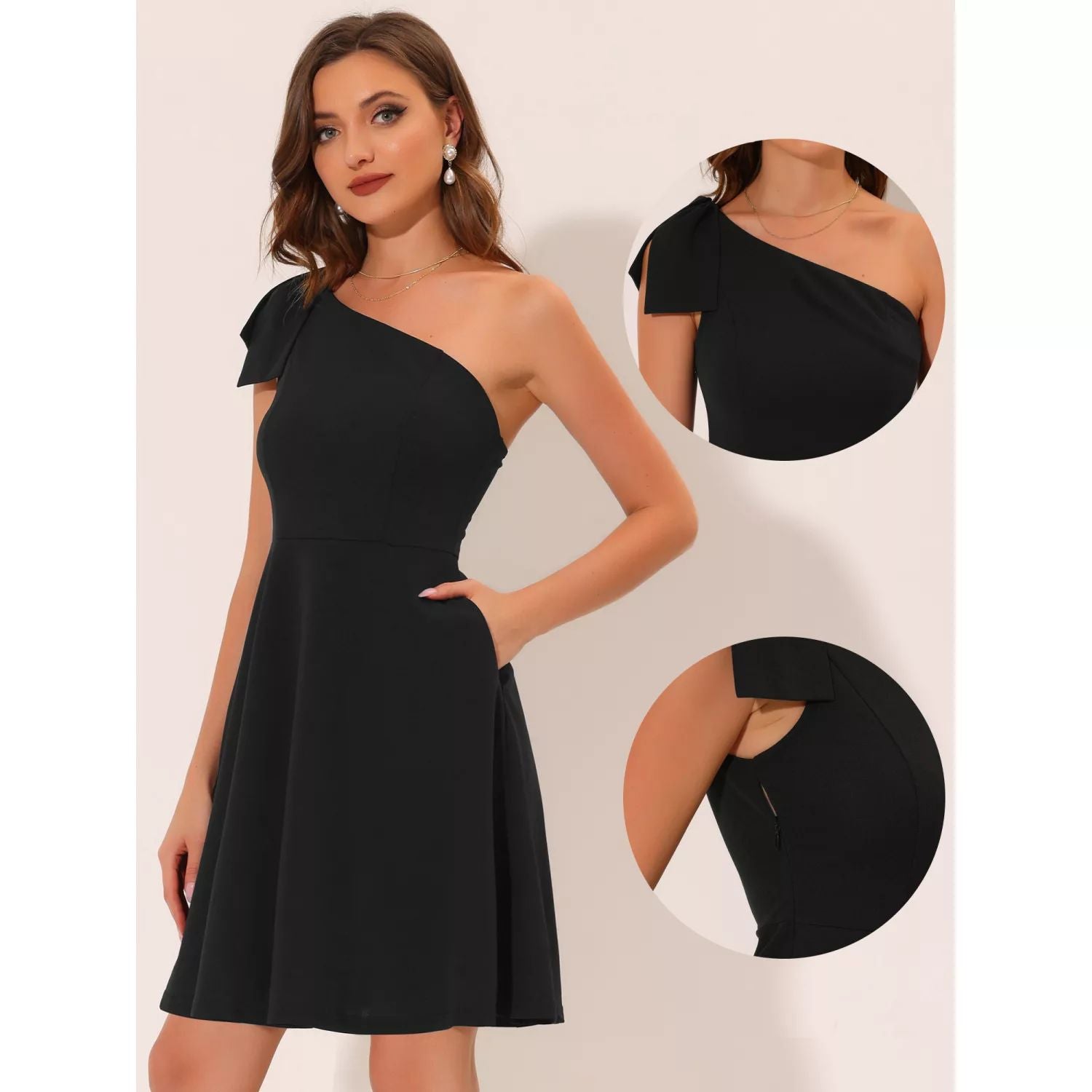 Women's strapless cocktail dress with one shoulder bow and pockets Aline ALLEGRA K , dark green