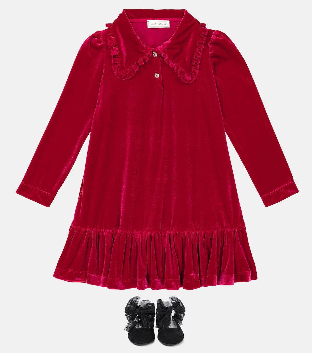 Monnalisa velvet dress with ruffles, red