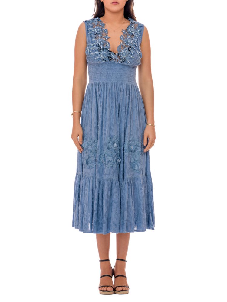 Ranee'S ruched lace peasant dress, blue