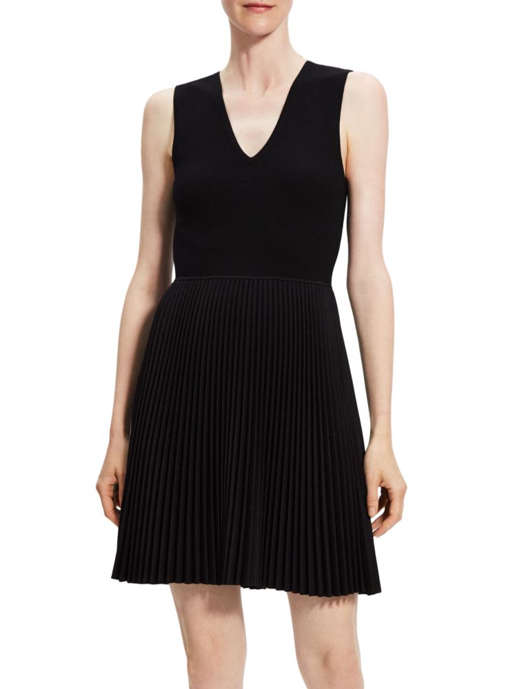 Theory V-Neck Pleated Wool Mini Dress, Black