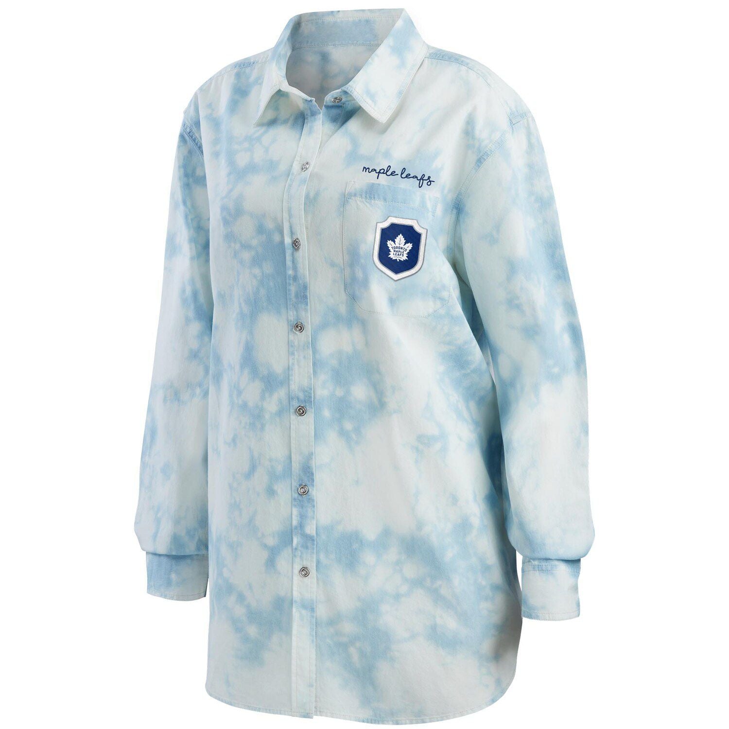 Women's Clothing by Erin Andrews Toronto Maple Leafs White Tie-Dye Oversized Denim Button Down Shirt