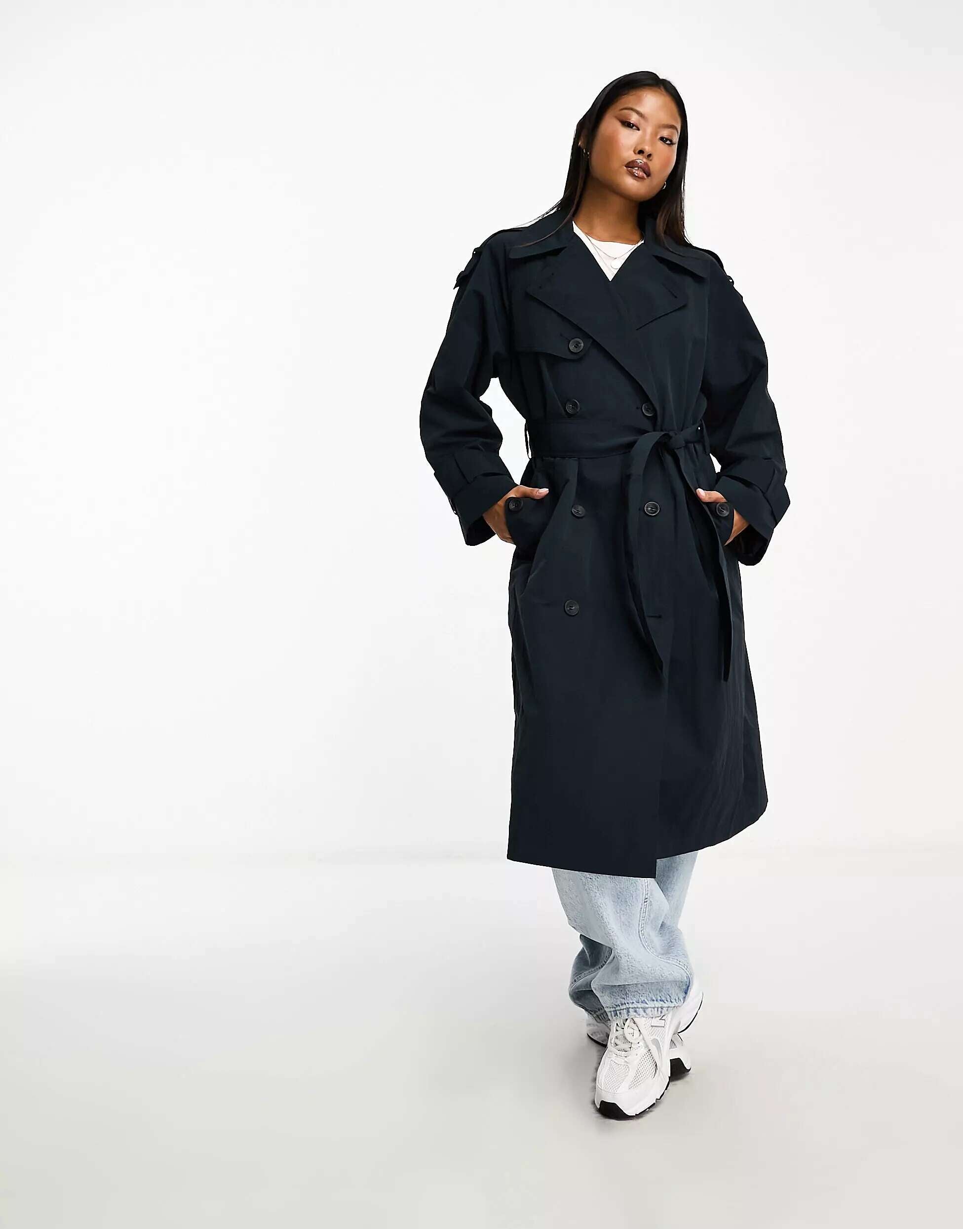 ASOS DESIGN Petite Trench Coat in Navy