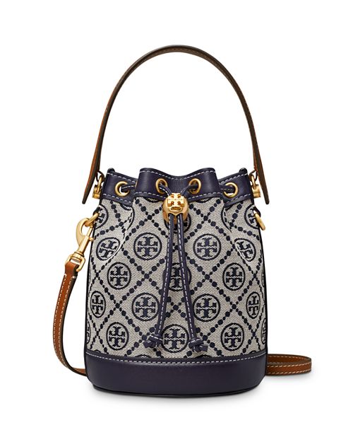 Tory Burch Mini Jacquard Monogram Bucket Bag in Blue