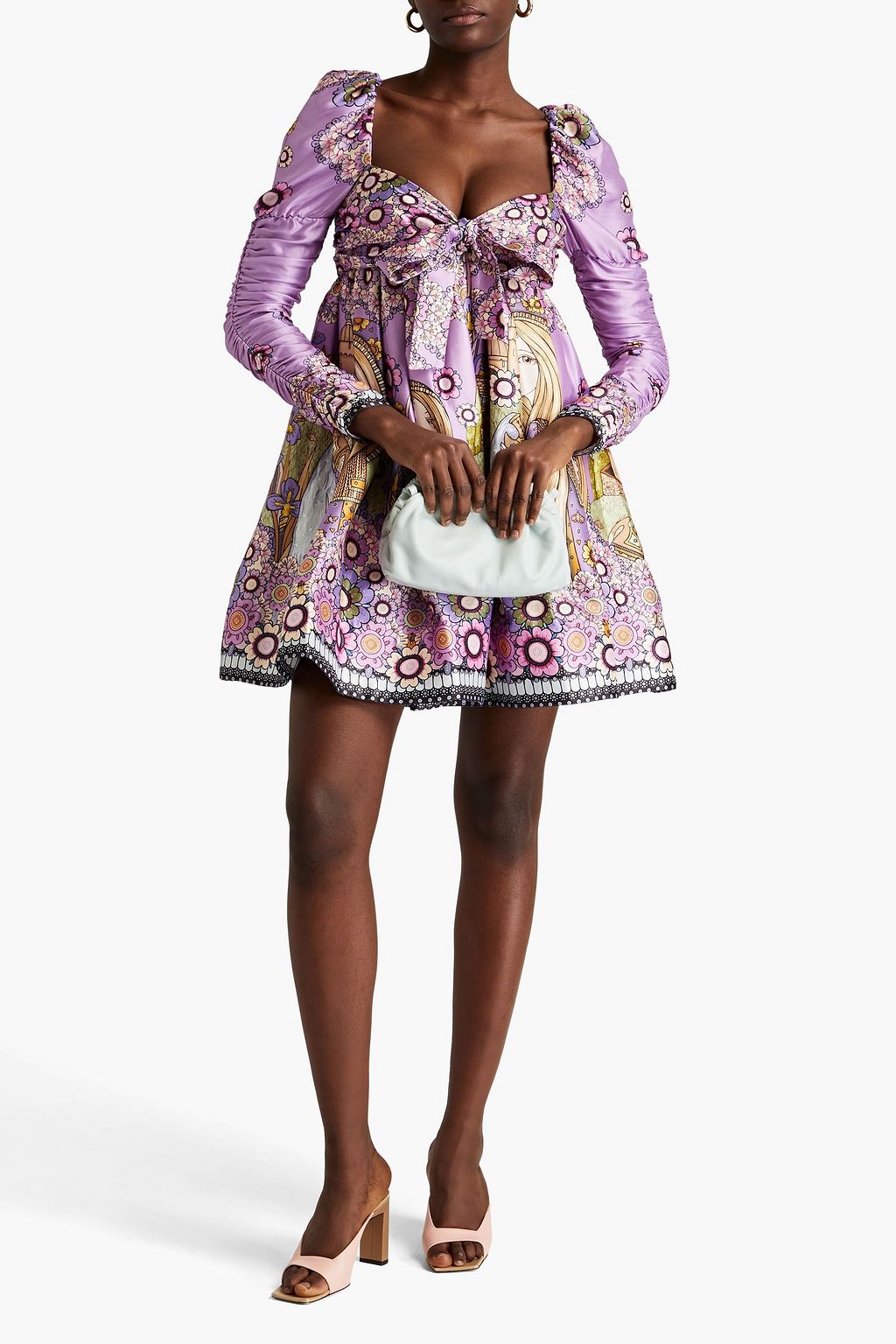 Silk mini dress with ties and ZIMMERMANN print, lilac