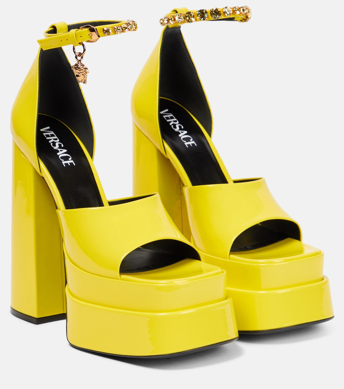 Versace Platform Patent Leather Medusa Aevitas Sandals, Yellow