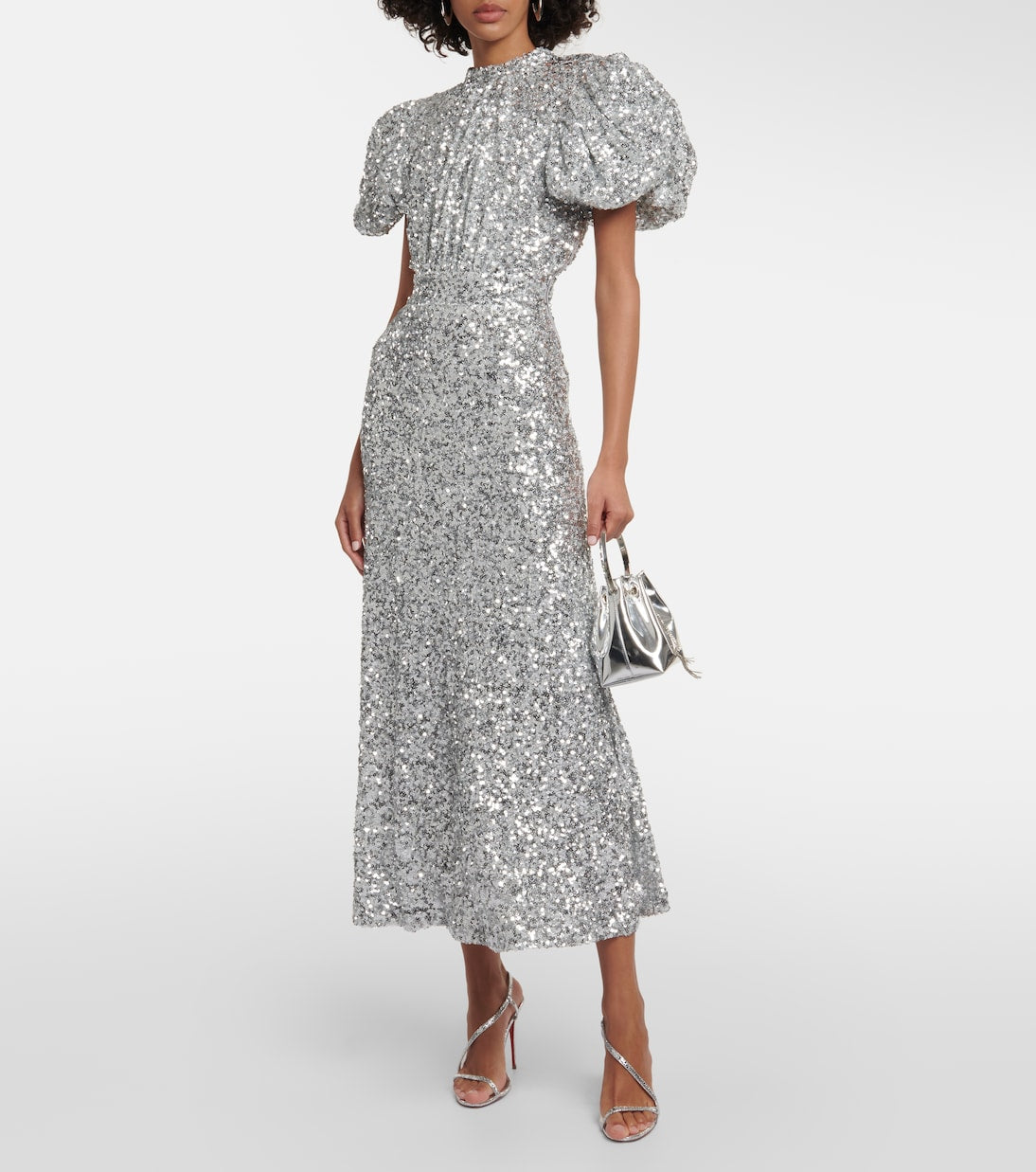 Rotate Birger Christensen Puff Sleeve Sequin Midi Dress, Silver