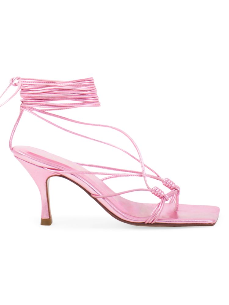 Andrea Wazen Mandaloun Leather Wrap Sandals in Metallic Pink