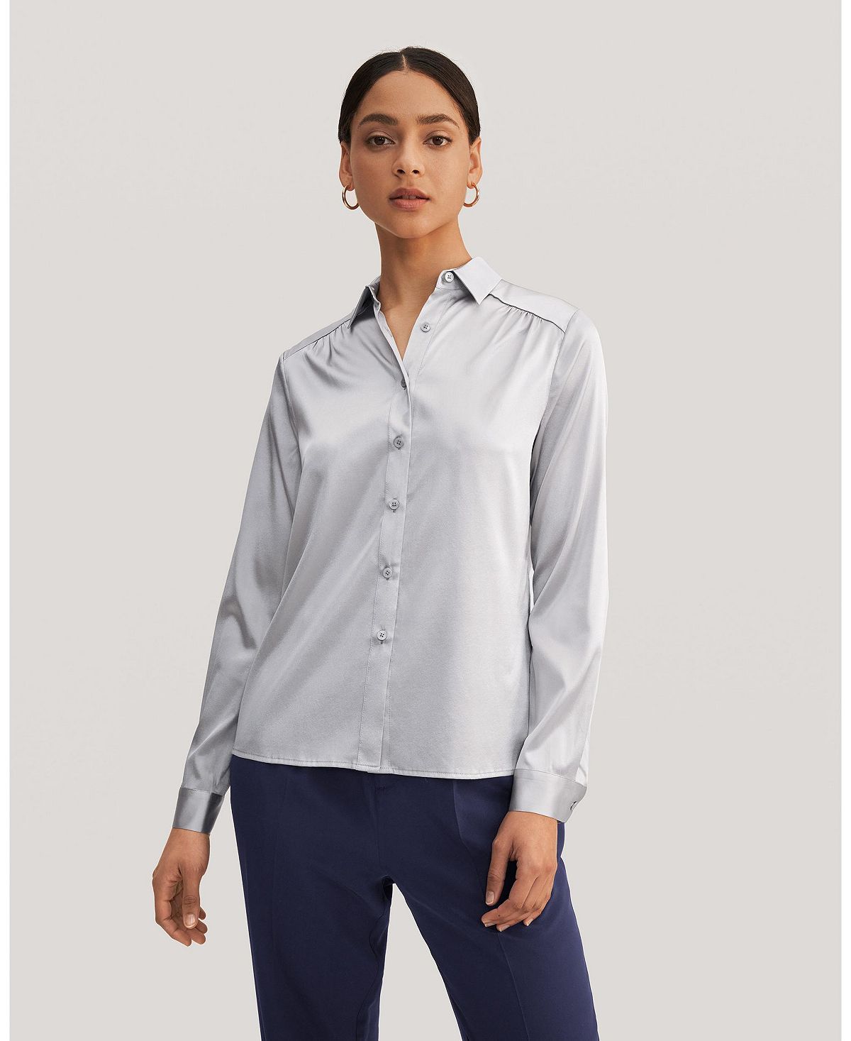 Women's silk blouse with long sleeves and LILYSILK collar, silver