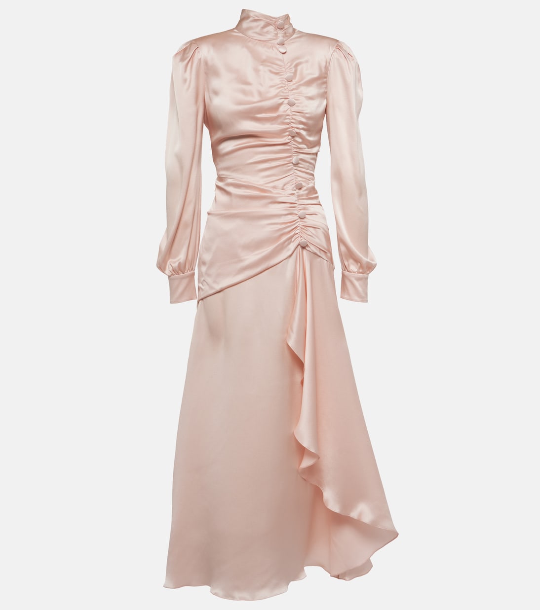 Alessandra Rich silk satin maxi dress with ruffles, pink