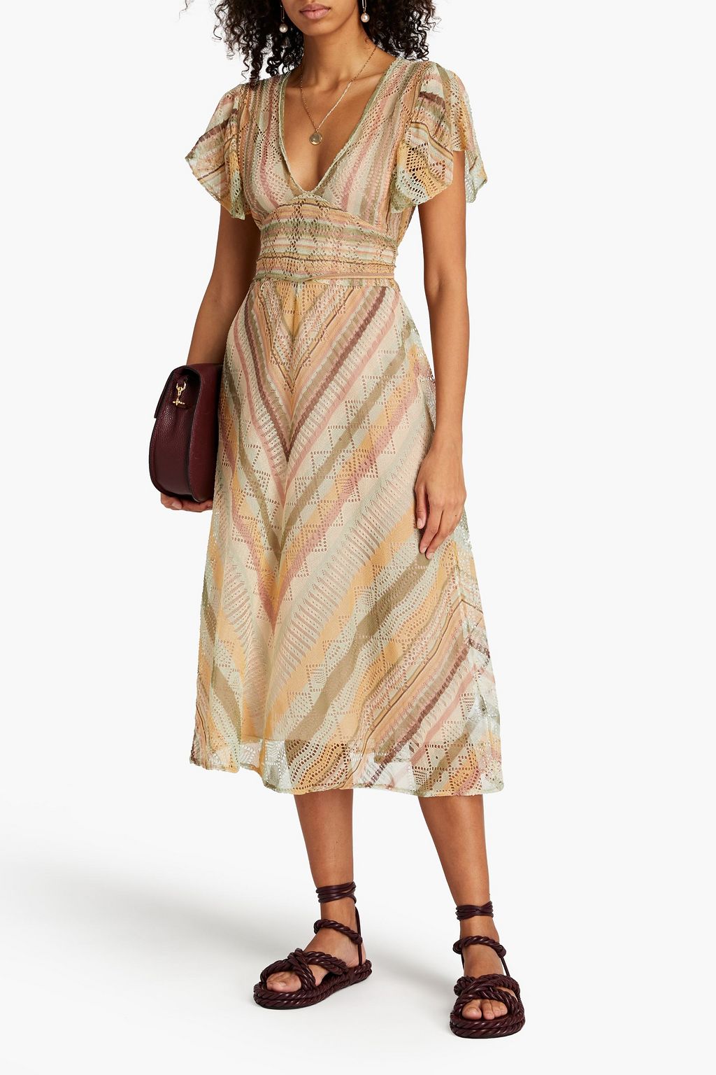 VALENTINO GARAVANI Crochet Striped Silk Tie Back Midi Dress green