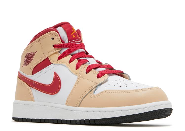 حذاء رياضي AIR JORDAN 1 MID GS 'LIGHT CURRY CARDINAL RED'، باللون الأبيض