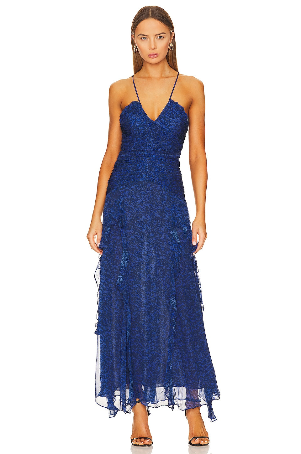 Shona Joy Saldanha Ruched Frill Maxi Dress in Strong Blue & Deep Blue