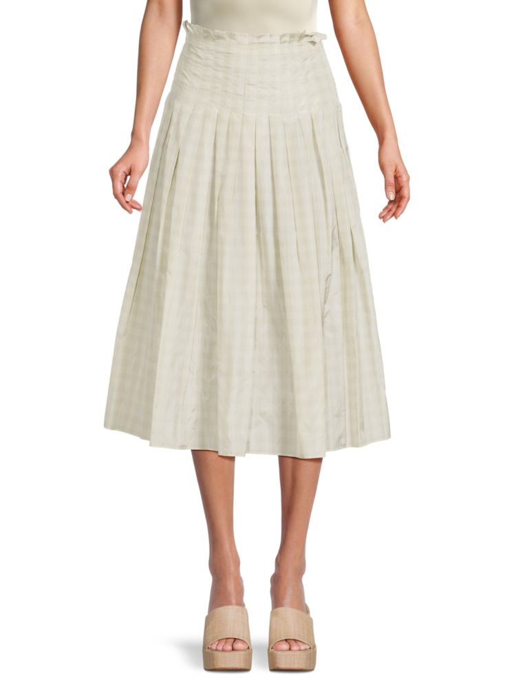 Valentino Check Pleated Flare Midi Skirt in Avorio Verde