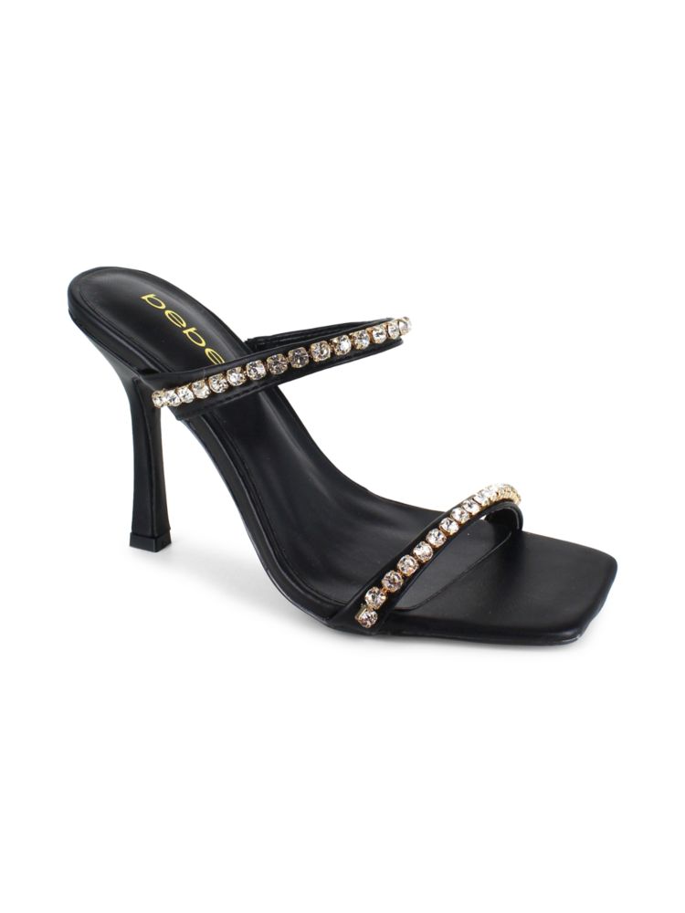 Bebe Double Strap Rhinestone Heeled Sandals, Black