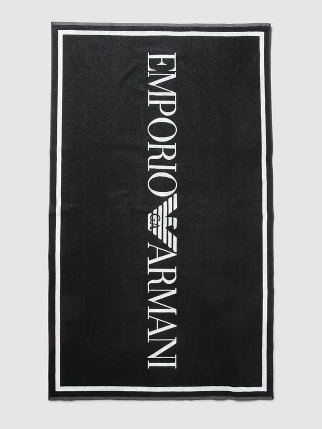 Towel with Emporio Armani label print, black