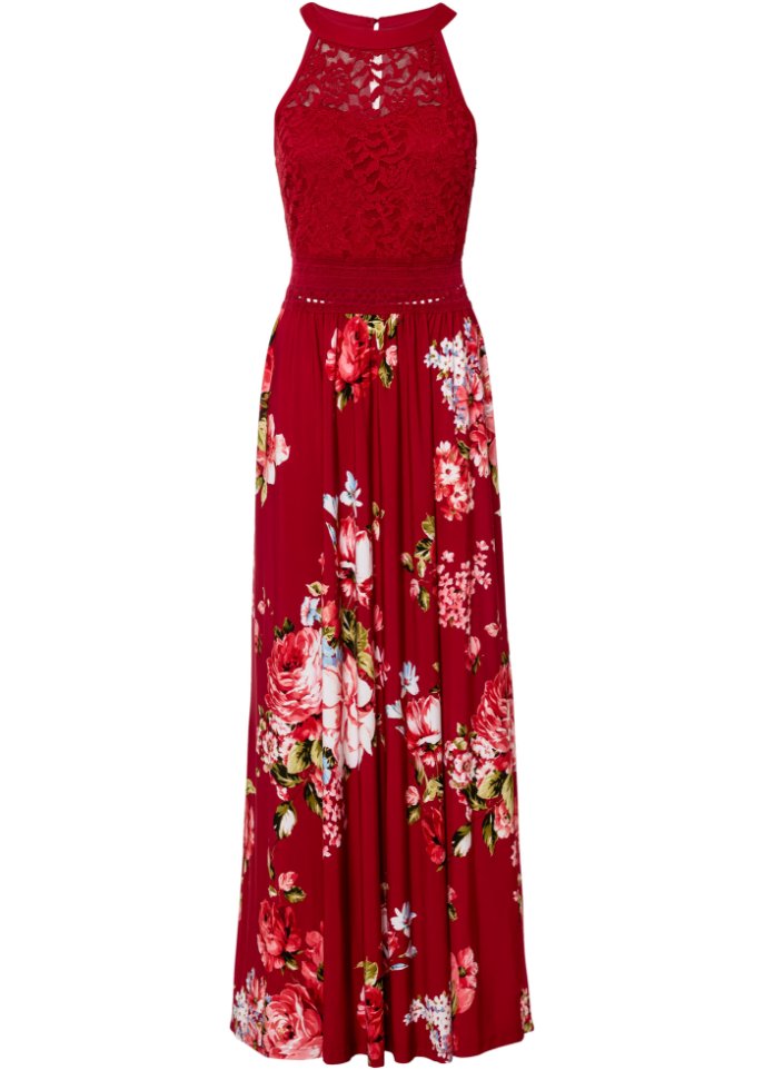 Summer maxi dress with floral print and lace Bodyflirt Boutique, red