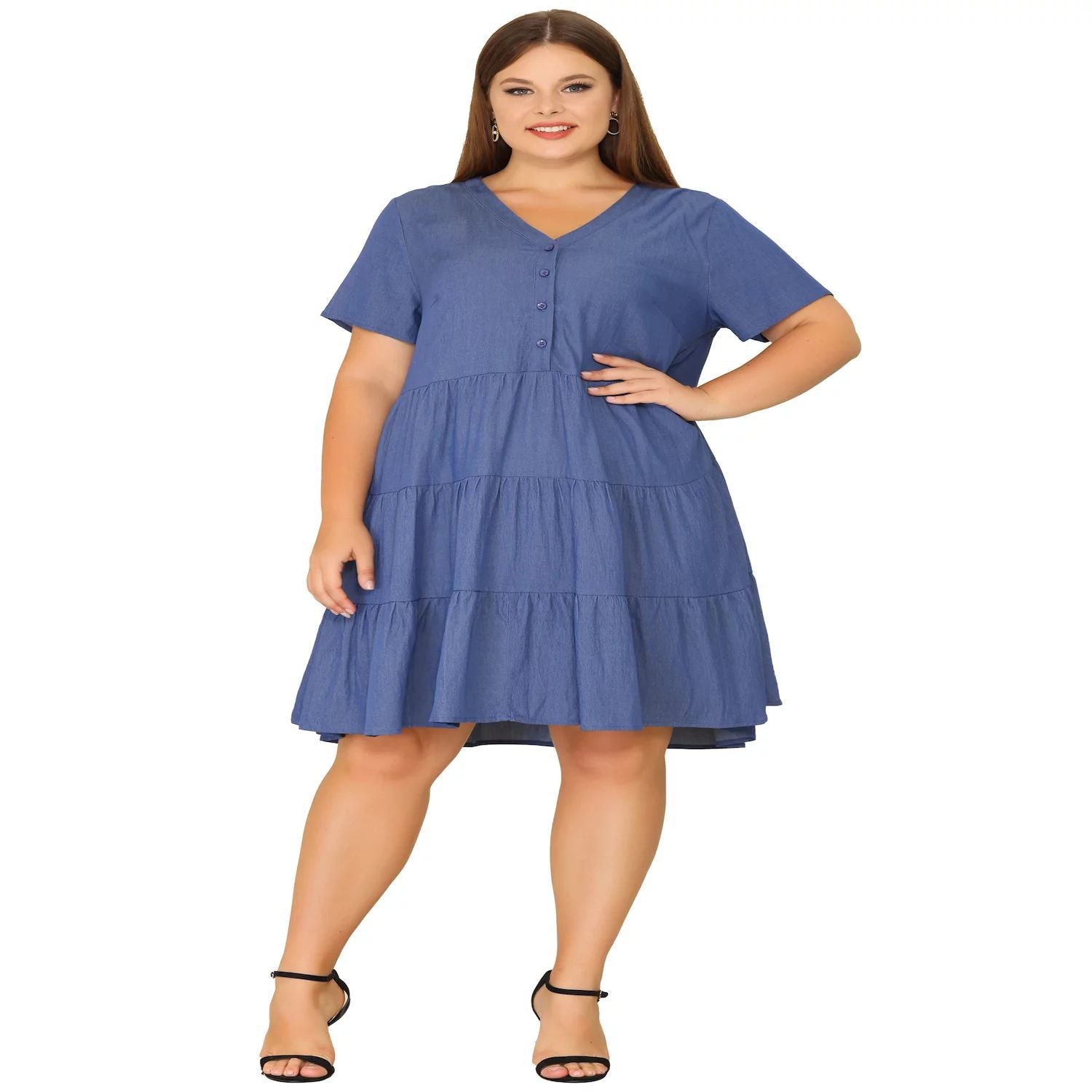 Agnes Orinda Women's Denim Tiered Chambray Midi Dress Plus Size Short Sleeve , dark blue