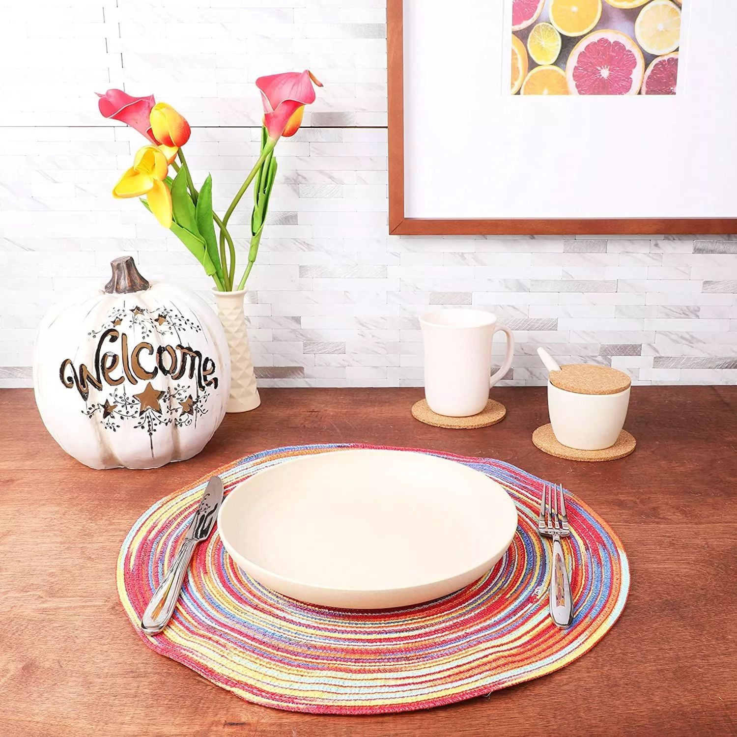 Colorful Round Woven Dinner Table Placemats (15 Inch, 8 Pieces)