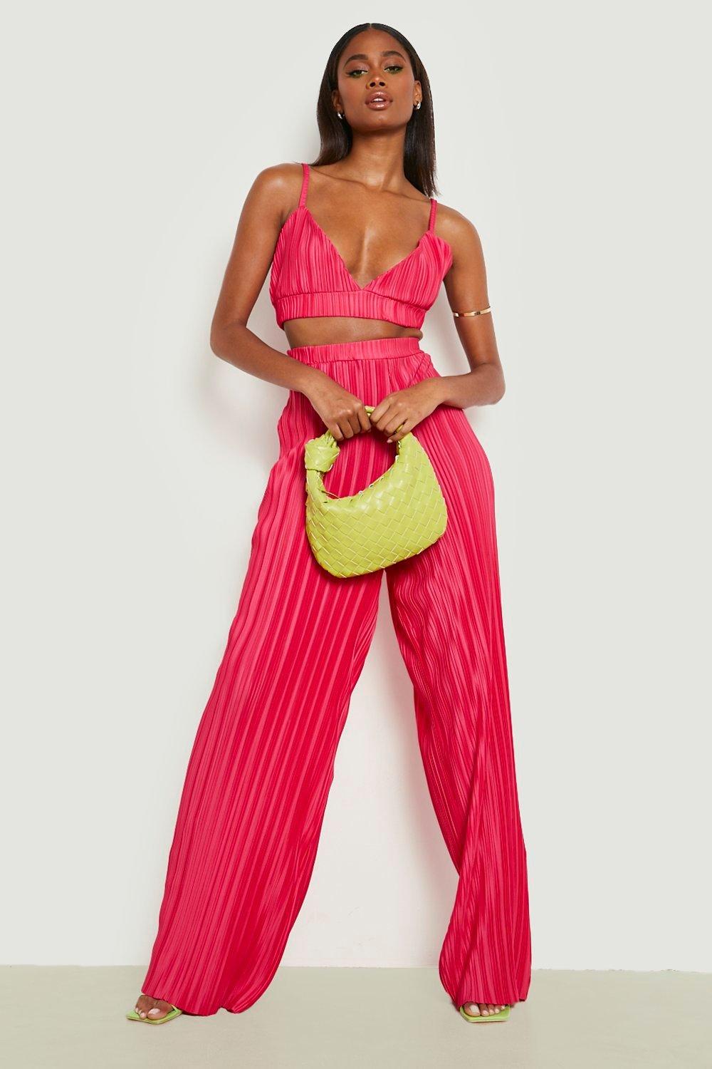 Boohoo Brulette and Wide Leg Pants Set, Pink