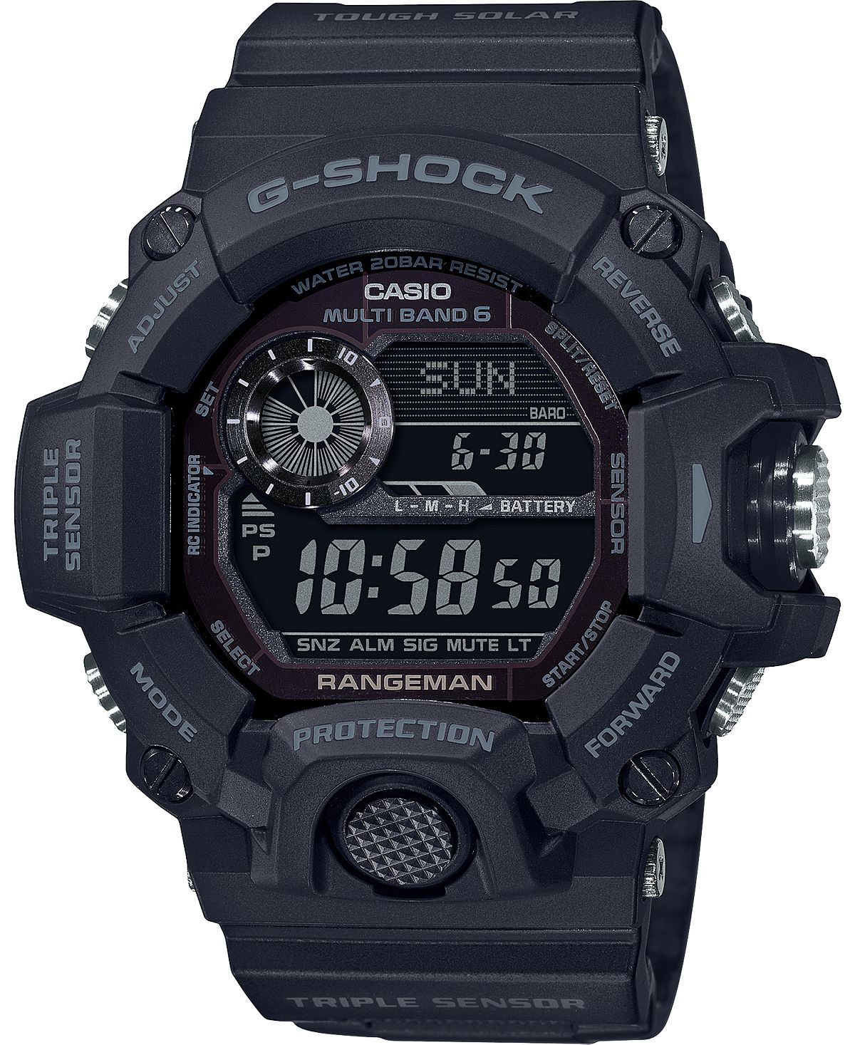 Men's Rangeman watch with digital display and solar battery black polymer strap, 53-1/2 mm G-Shock