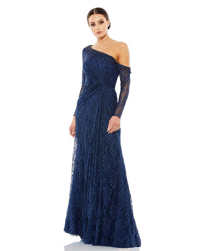 Women's Drop Shoulder Draped Lace Dress gemstone-encrusted Mac Duggal, blue