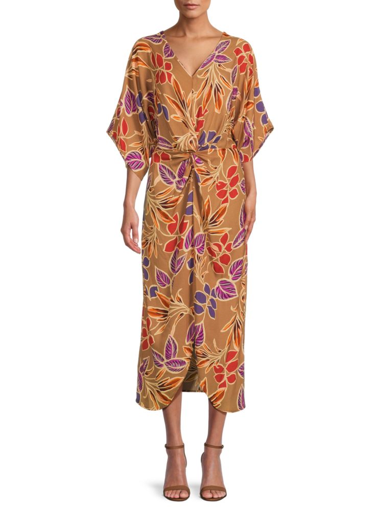 Renee C. Leaf Print Midi Kimono Dress in Mocha