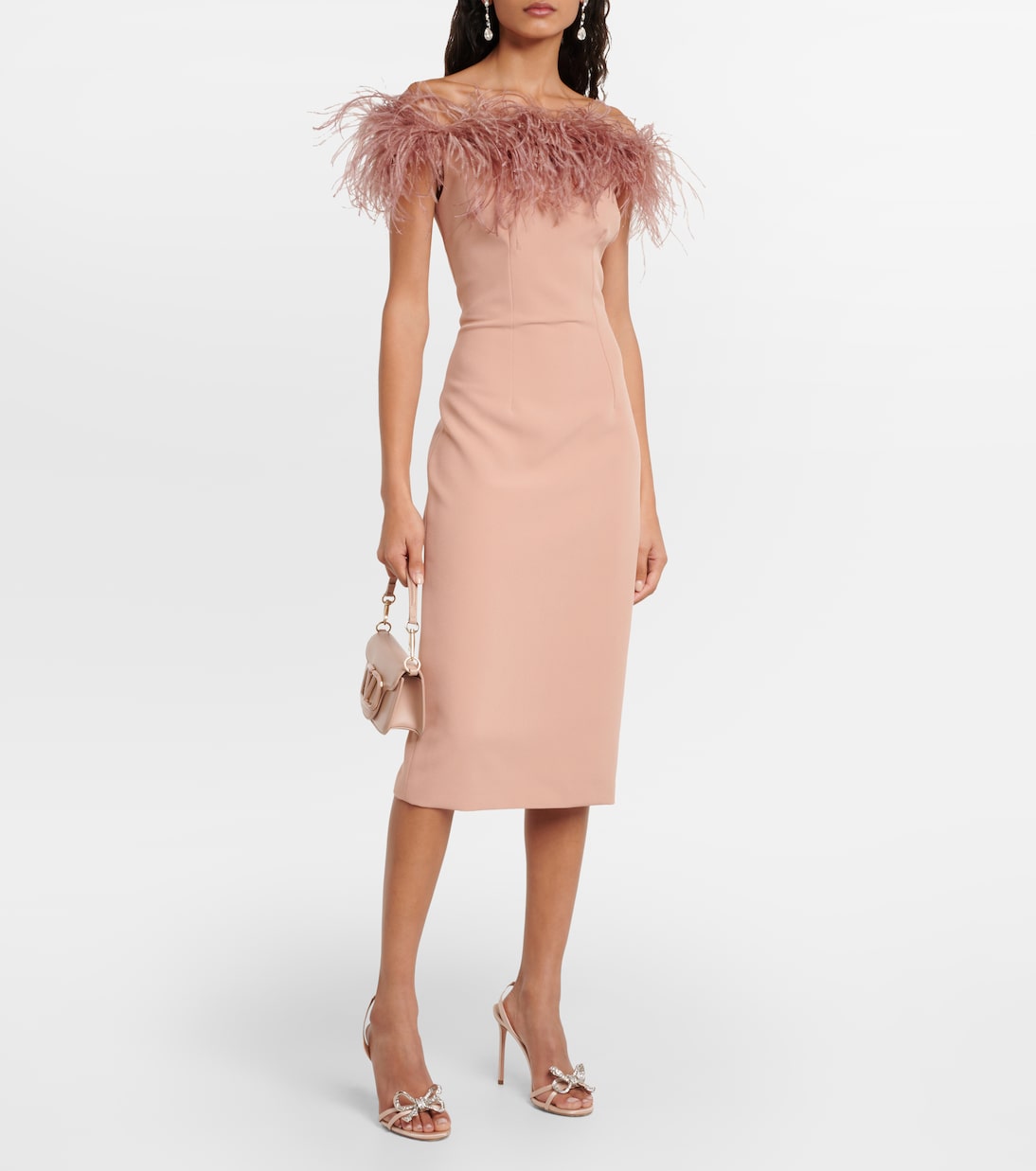 Safiyaa midi dress with feather trim, pink