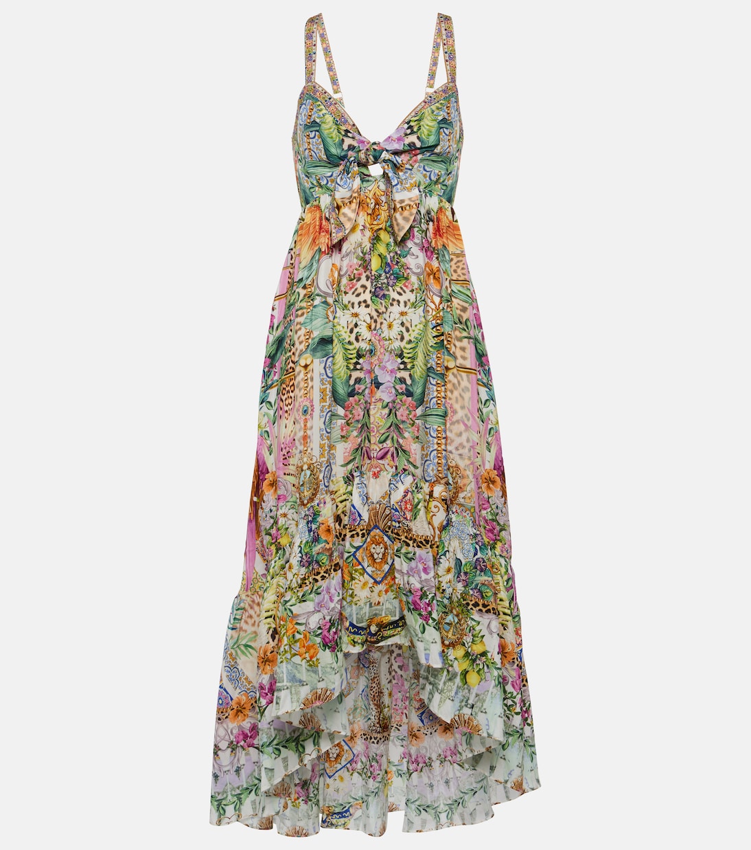 Silk midi dress with asymmetrical Camilla print, multicolor