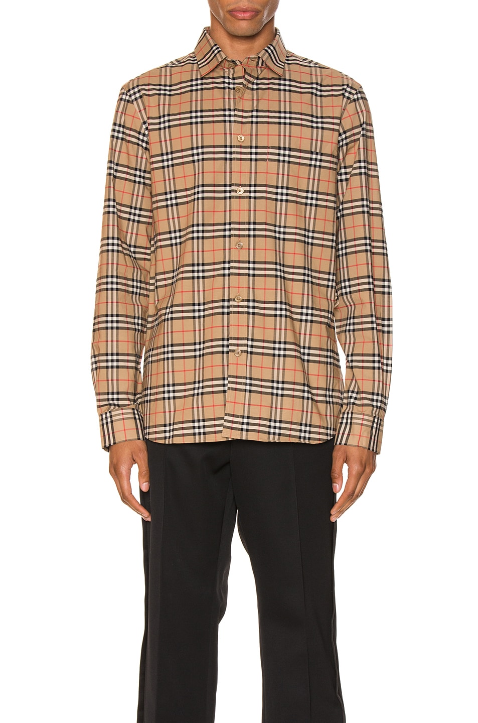 قميص Burberry Small Scale Stretch Check باللون البيج