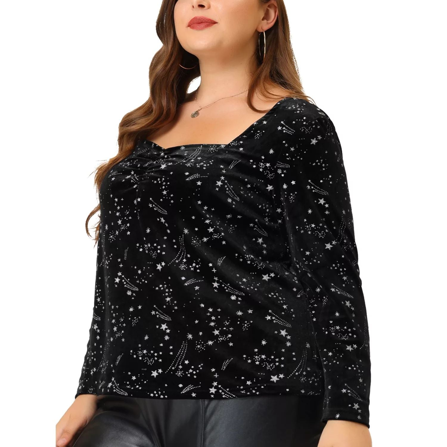 Agnes Orinda Women's Plus Size Velvet Long Sleeve Star Party Top , dark blue