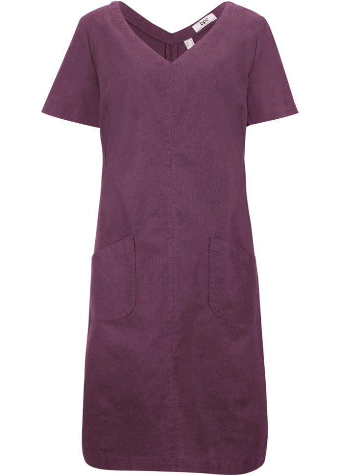 Woven Knee Length Linen V-Neck Half Sleeve Dress Bpc Bonprix Collection ,  violet