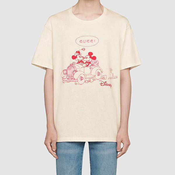 تي شيرت GUCCI x Disney Year Of The Rat Limited Mickey Printed Retro للرجال باللون البيج واللون الكريمي