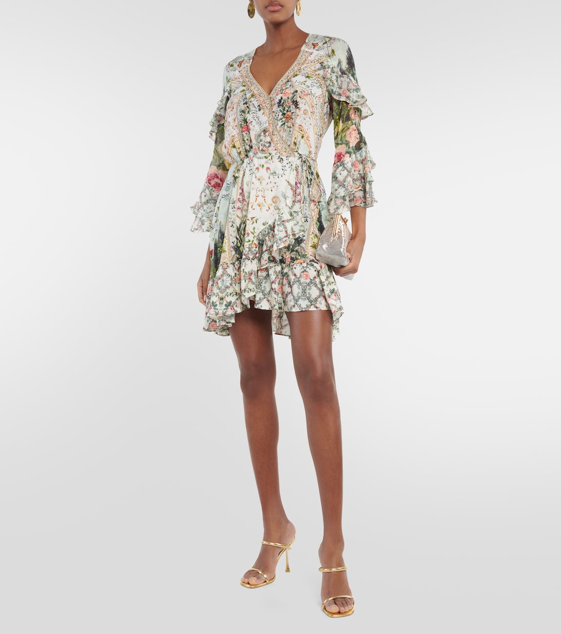 Silk crepe dress with ruffles and Camilla floral print, multicolor