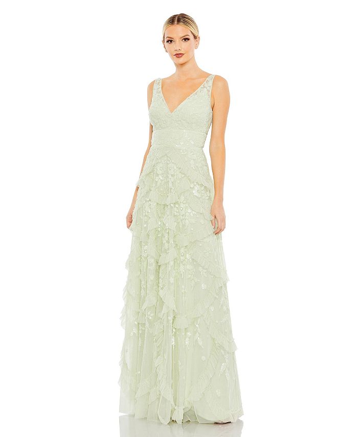 Women's V-Neck Tiered Dress sequined and scalloped Mac Duggal, green