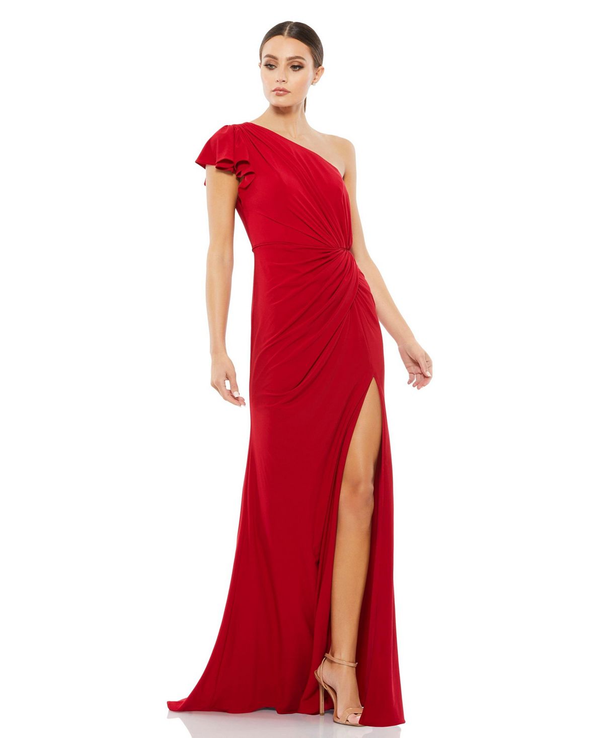 Women's one-shoulder draped dress with ruffles MAC DUGGAL, red