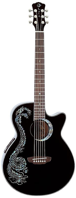 Acoustic guitar Luna Fauna Series Abalone Dragon Cutaway Acoustic-Electric Guitar - Black