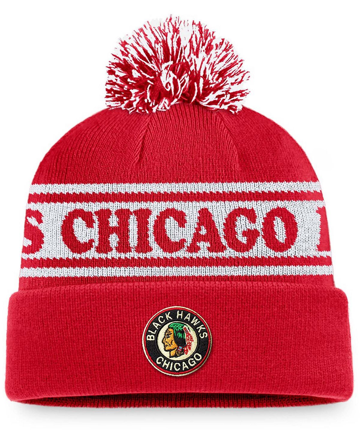 Chicago Blackhawks Sport Resort Fanatics Men's Red Cuffed Pom Pom Vintage Knitted Hat